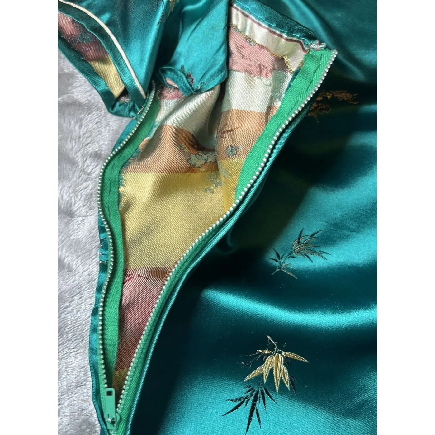 Japan Kimono Chinese Cheongsam Green Satin‎ Oriental Womens Size 40 Zip Vintage - Image 11
