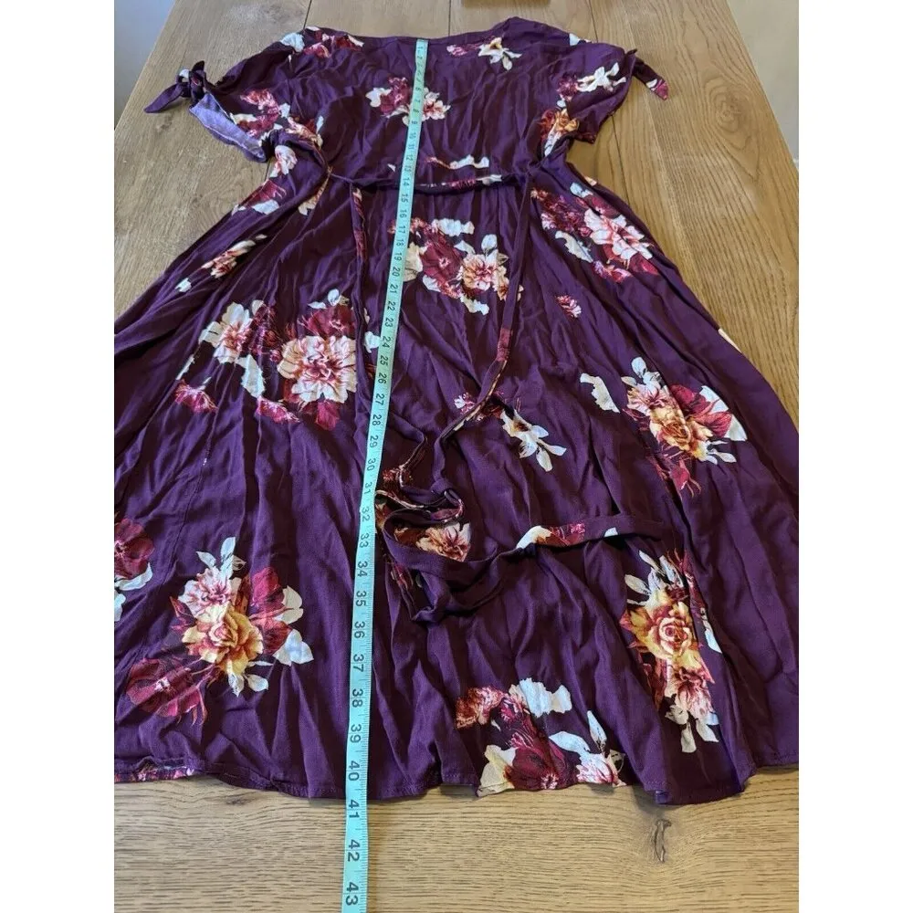 Torrid Floral V-Neck Button Down Swing Midi Dress Pockets Burgundy Size 2 Summer - Image 6