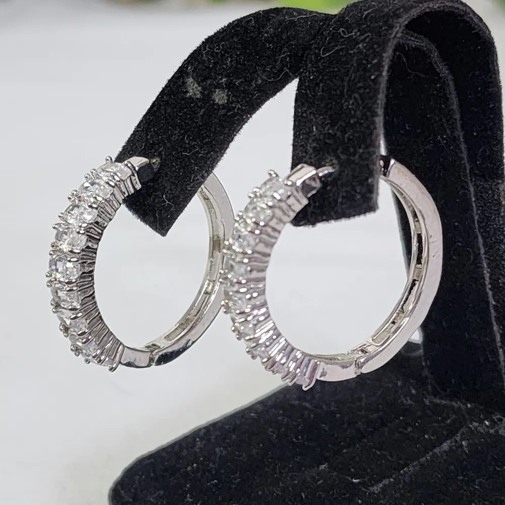 Silver with Crystal Stones Large Huggie Hoop Earrings New - Image 3