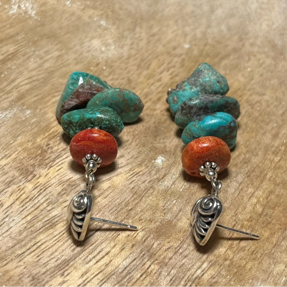 Turquoise & Coral Stone 925 Sterling Silver Dangle Earrings - Image 7