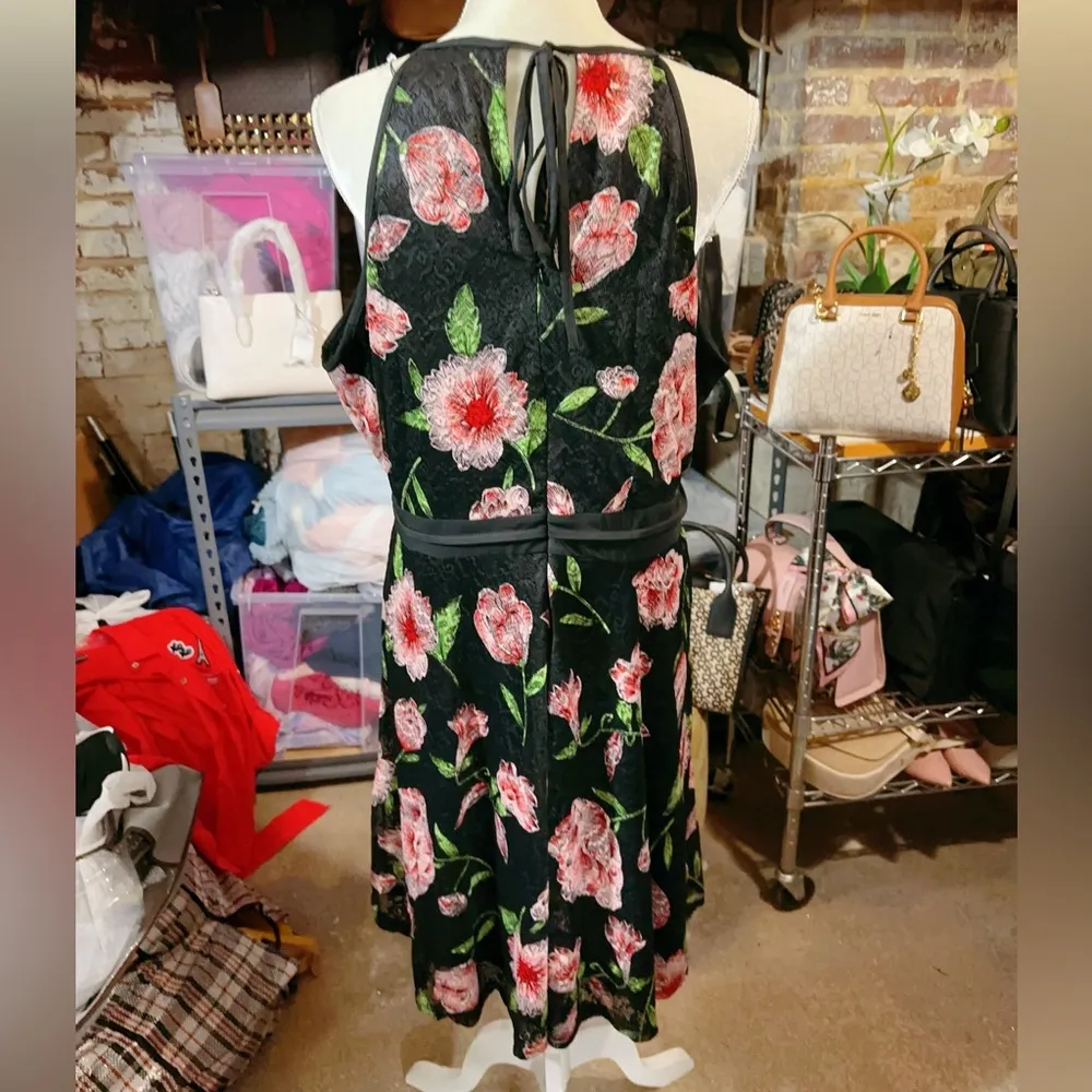 KATE KASIN black dress with red flowers sleeveless round neck floral lined NWT Size 2X - Image 3