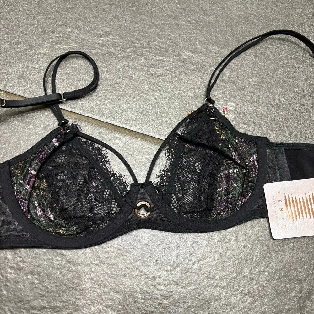 Savage X Fenty A Little Tart Unlined Bra Black Lace Plaid 32C Plunge Feminine Size undefined - Image 7