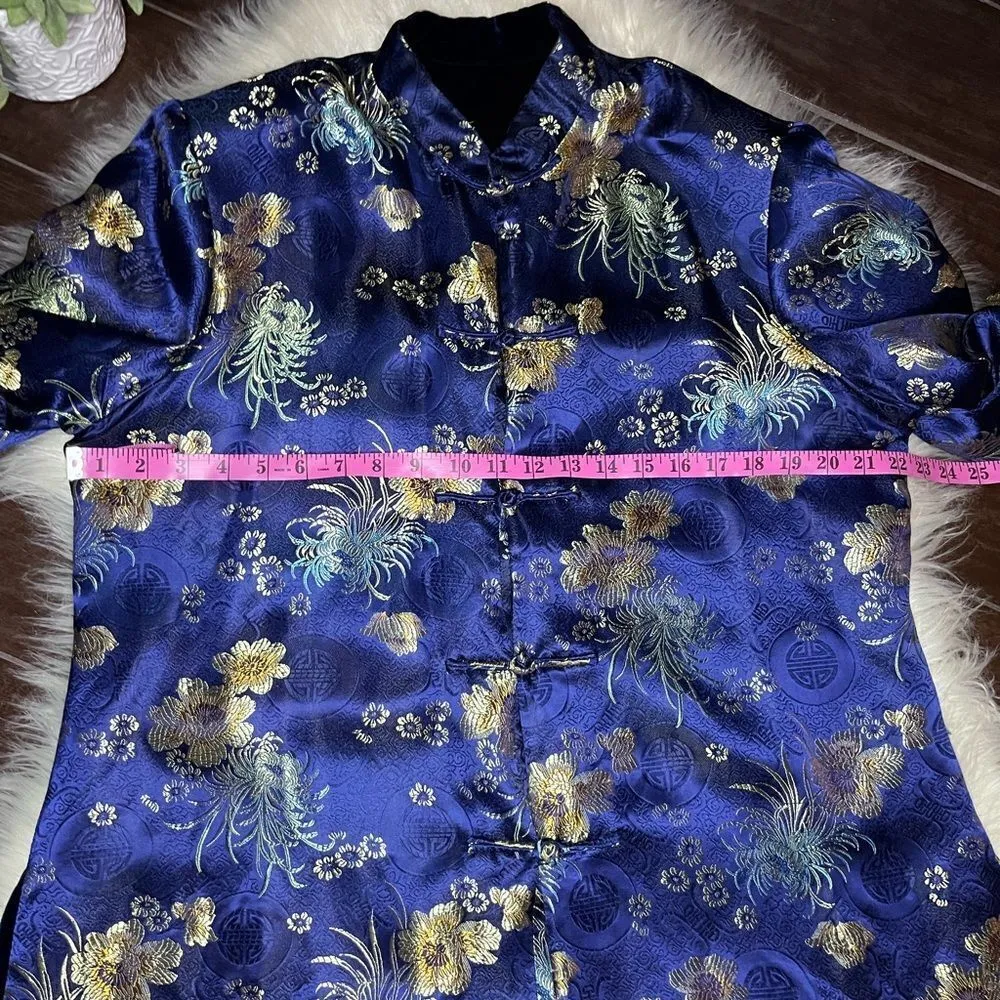 Reversible navy gold tapestry/navy velvet Chinese shacket/jacket sz XL Blue - Image 5