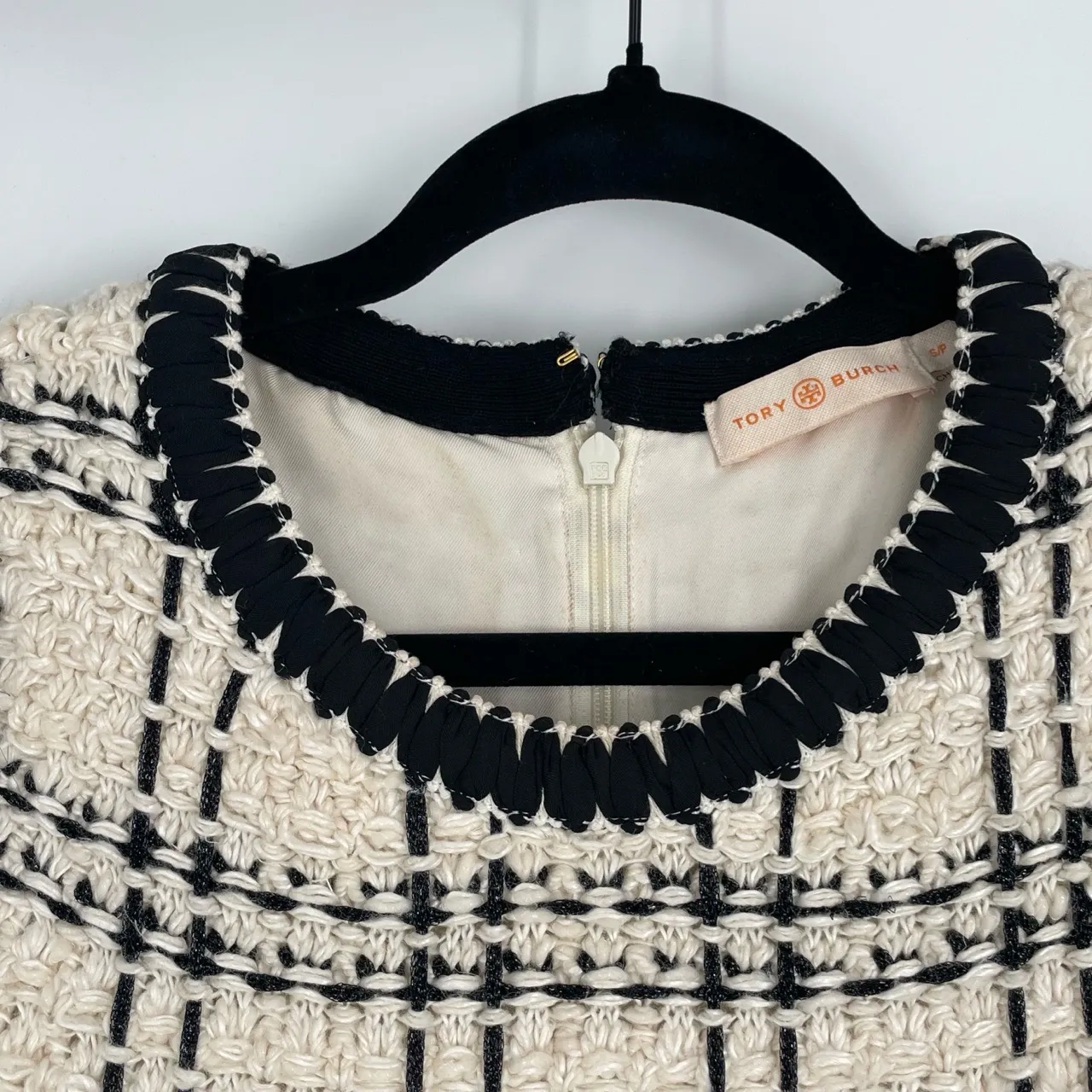 Tory Burch Women's Ivory Black Check Sleeveless Tweed Dress‎ Petite Size Small - Image 6