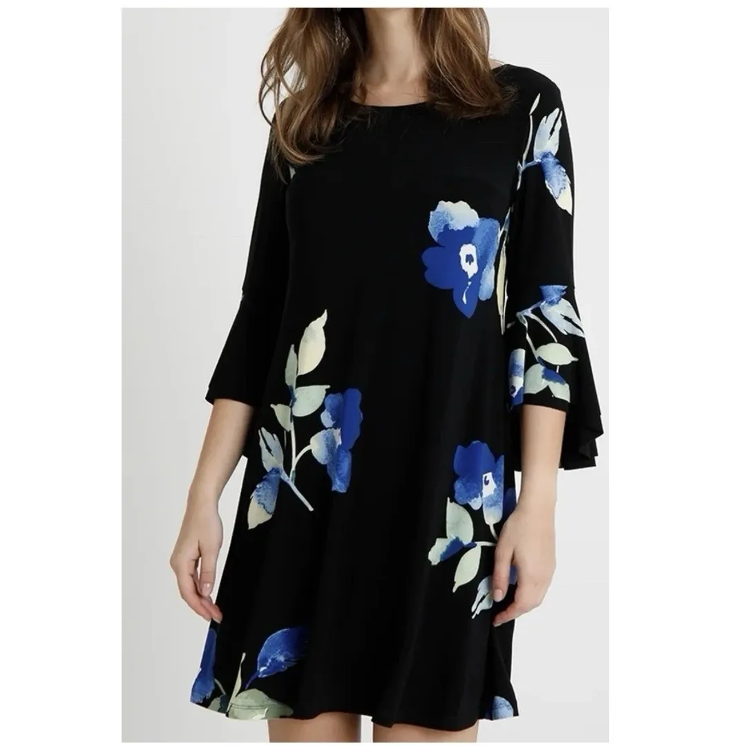 Ralph Lauren Blue Floral Bell Sleeve Stretch Jersey‎ Shift Dress Size 14 - Image 2