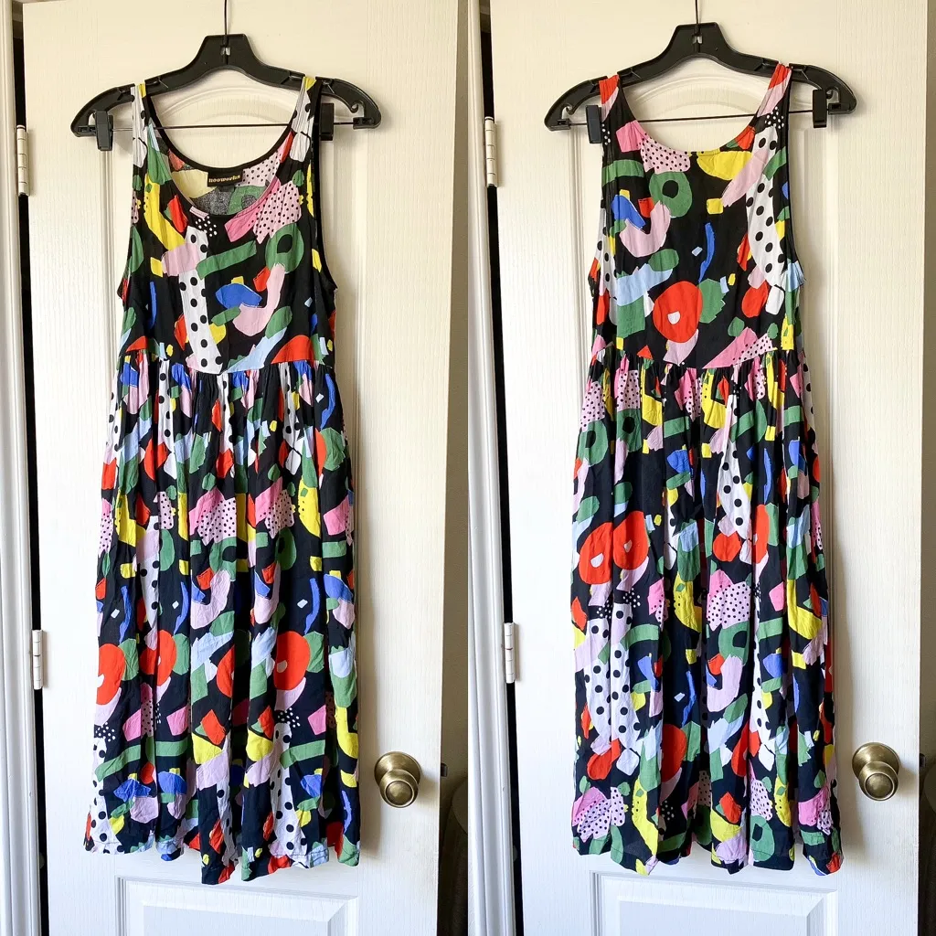 Nooworks Naomi Dress Party Print Rayon Midi Multicolor Small EUC - Image 2