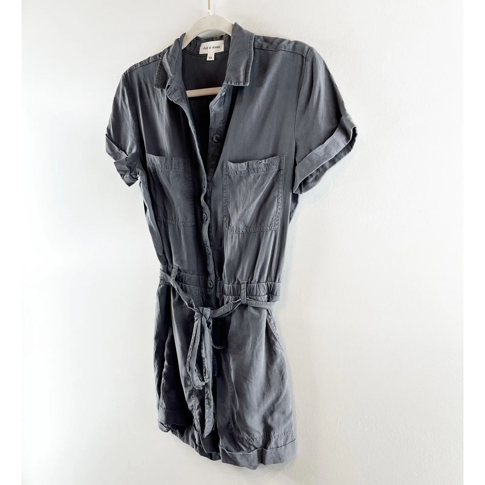 Cloth & Stone Tencel Lycocell Short Sleeve Belted Shorts Romper Gray XS - Image 9