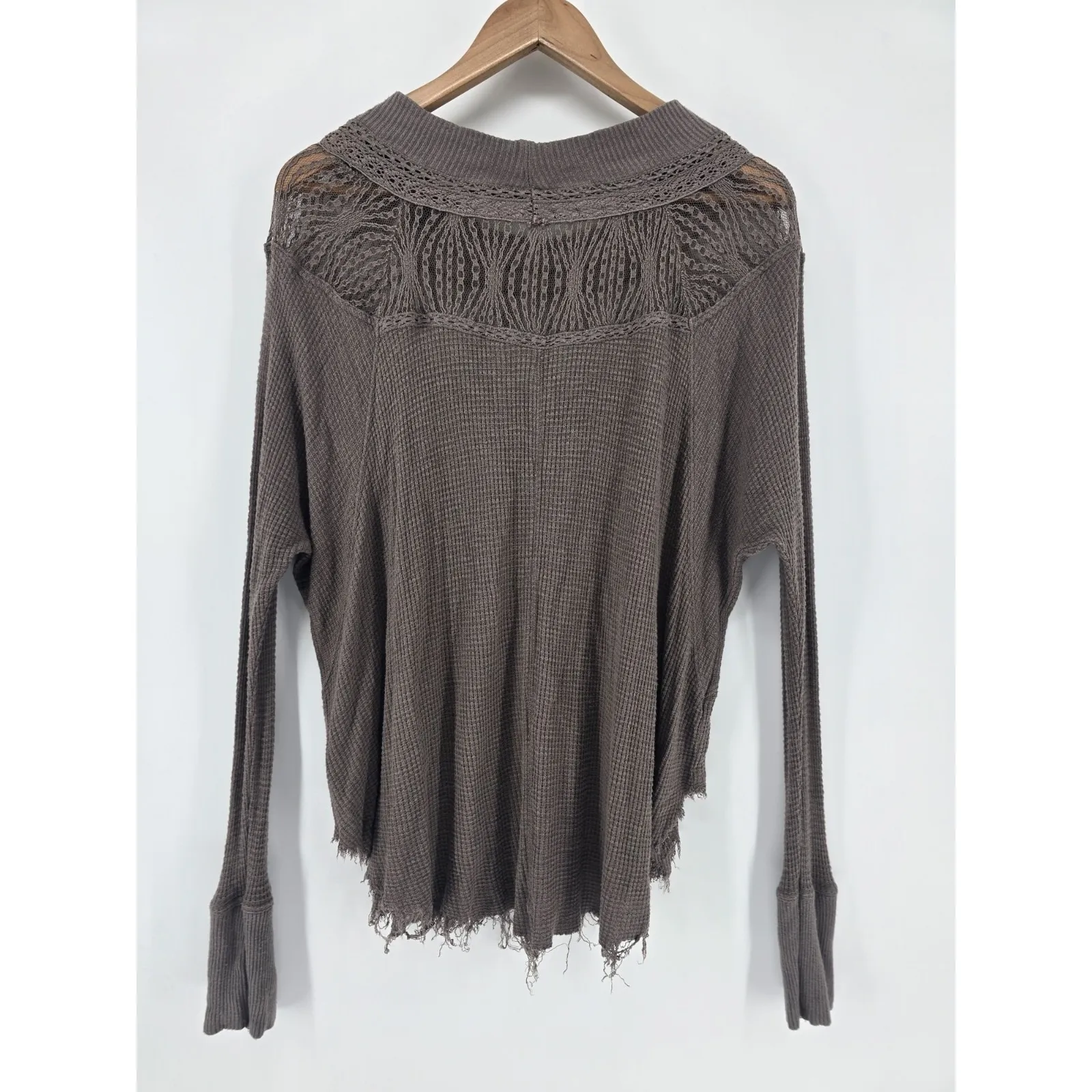 Free People Brown Thermal Lace Long Sleeve Top Distressed Womens Size‎ Small - Image 3