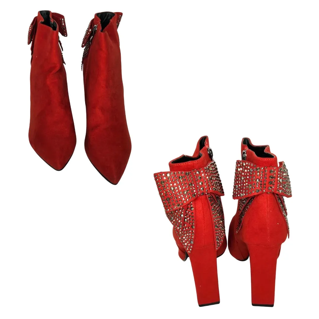 J. Mark Lala Faux Suede Rhinestone Embellished Heeled Booties Size 10 NWOB Red - Image 3