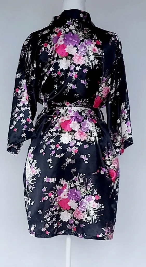 Silky Satin Robe Floral Pattern Kimono Short Black Size Small - Image 4