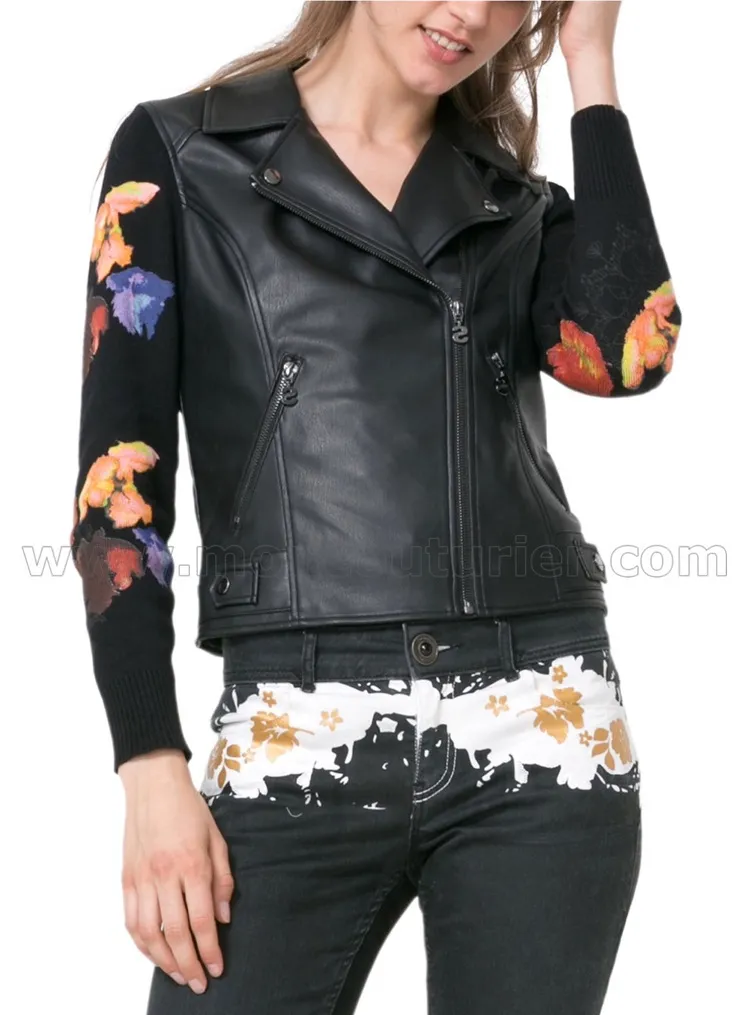Desigual Rosaura Faux Leather Floral Print Moto Jacket Size M - Image 2