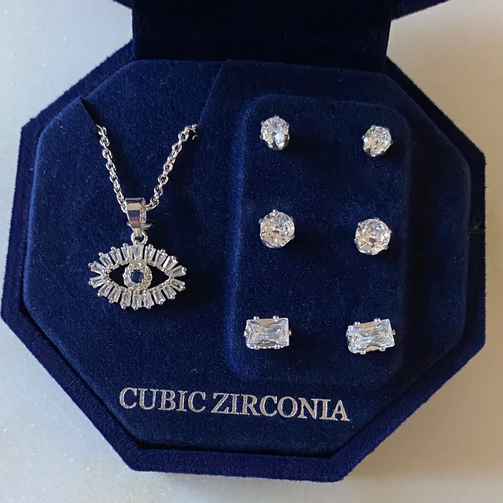 NWT Elegant Cubic Zirconia Eye Necklace and Earring Set Silver - Image 2
