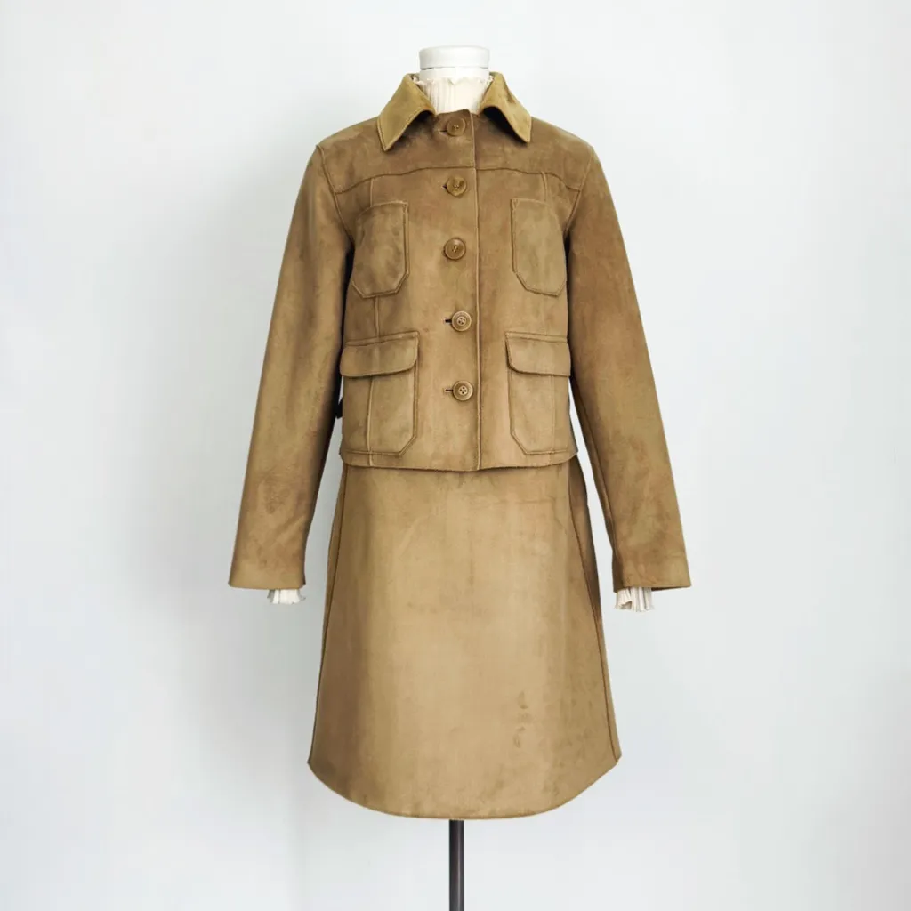 Vintage Y2K Faux Suede Coord Set with Faux Fur Lining in Camel | Size 4 Tan - Image 3