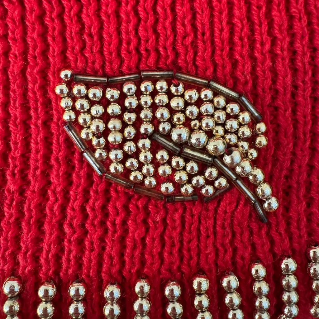 Vintage‎ Red Beaded Leaf Sweater Ramie Cotton Knit Fall Holiday teacher small - Image 6