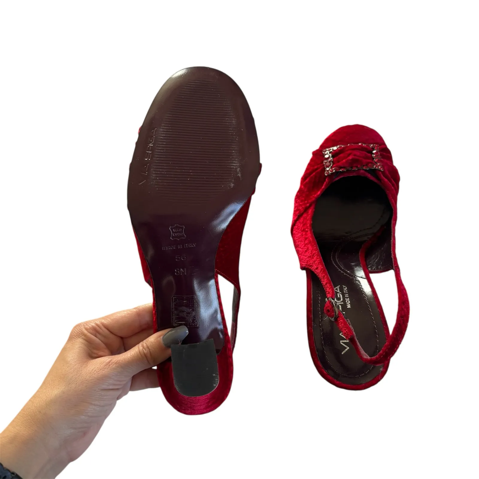 Via Spiga Red Velvet Rhinestone Gem Retro Disco Slingback Heels Women’s Size 8 - Image 5