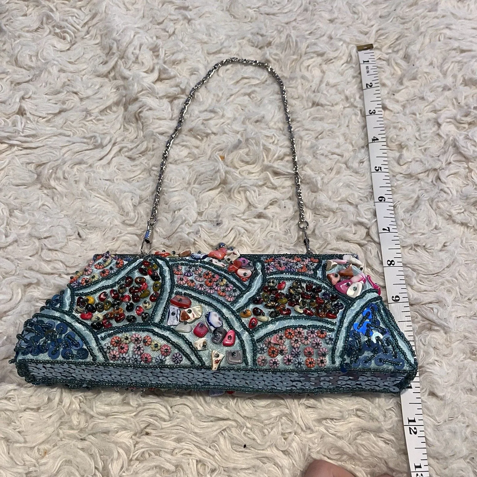 Hand Beaded Shell Clutch Purse Teal Blue Kiss Lock Evening Bag w/ Chain - Image 12
