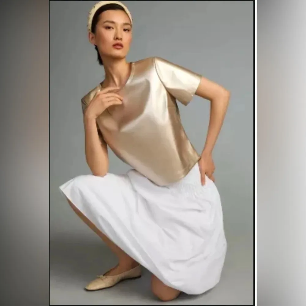 ANTHROPOLOGIE Porridge Boxy Cut Faux Leather Short Sleeve, Metallic Gold; size L - Image 9