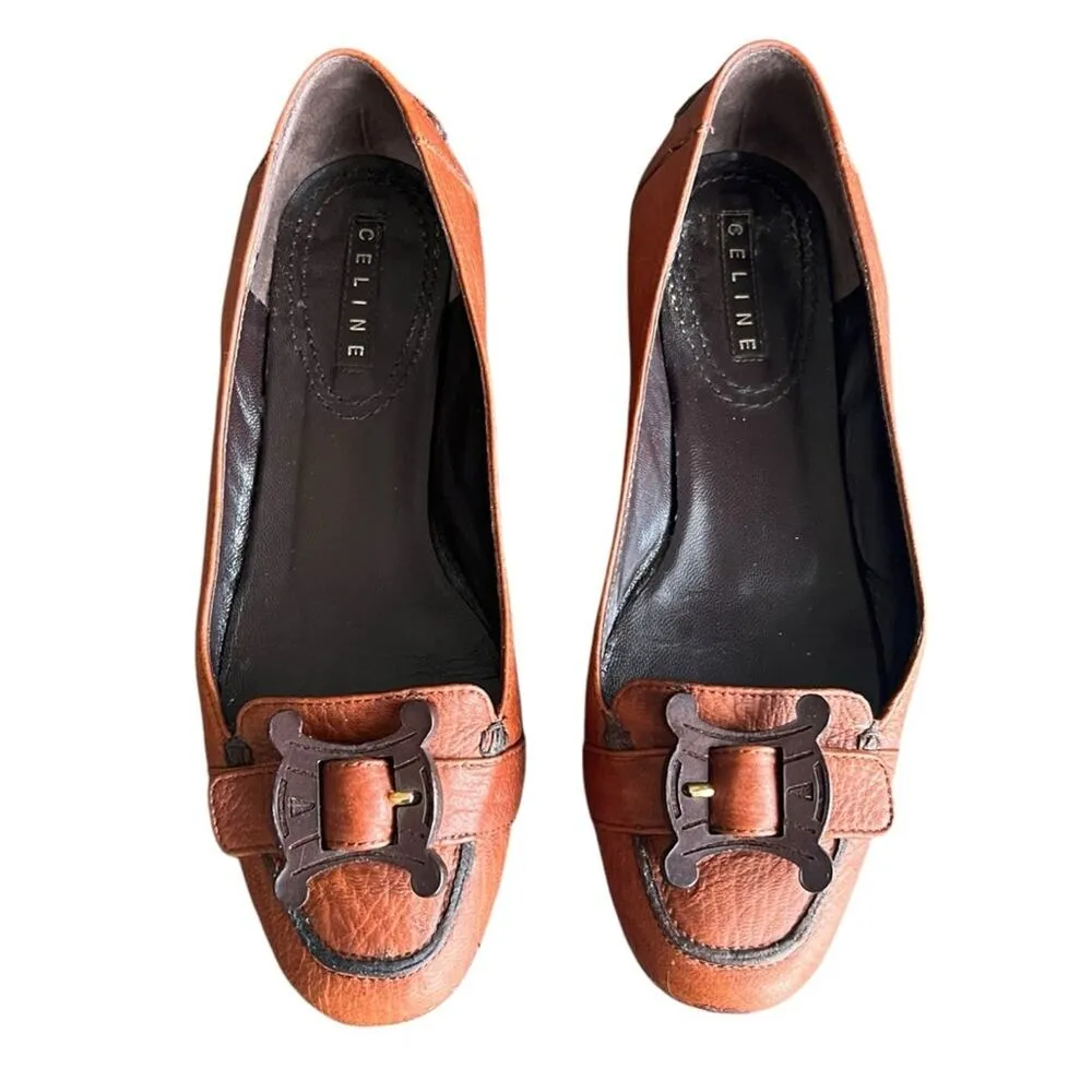 Celine Women’s Vintage Wooden Triomphe Cognac Brown Orange Leather Ballet Flat - Image 11