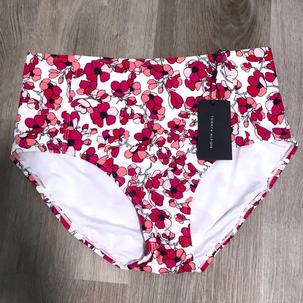 Tommy Hilfiger High Waisted Floral Pink Red White Swim Bikini Bottom Magenta - Image 2