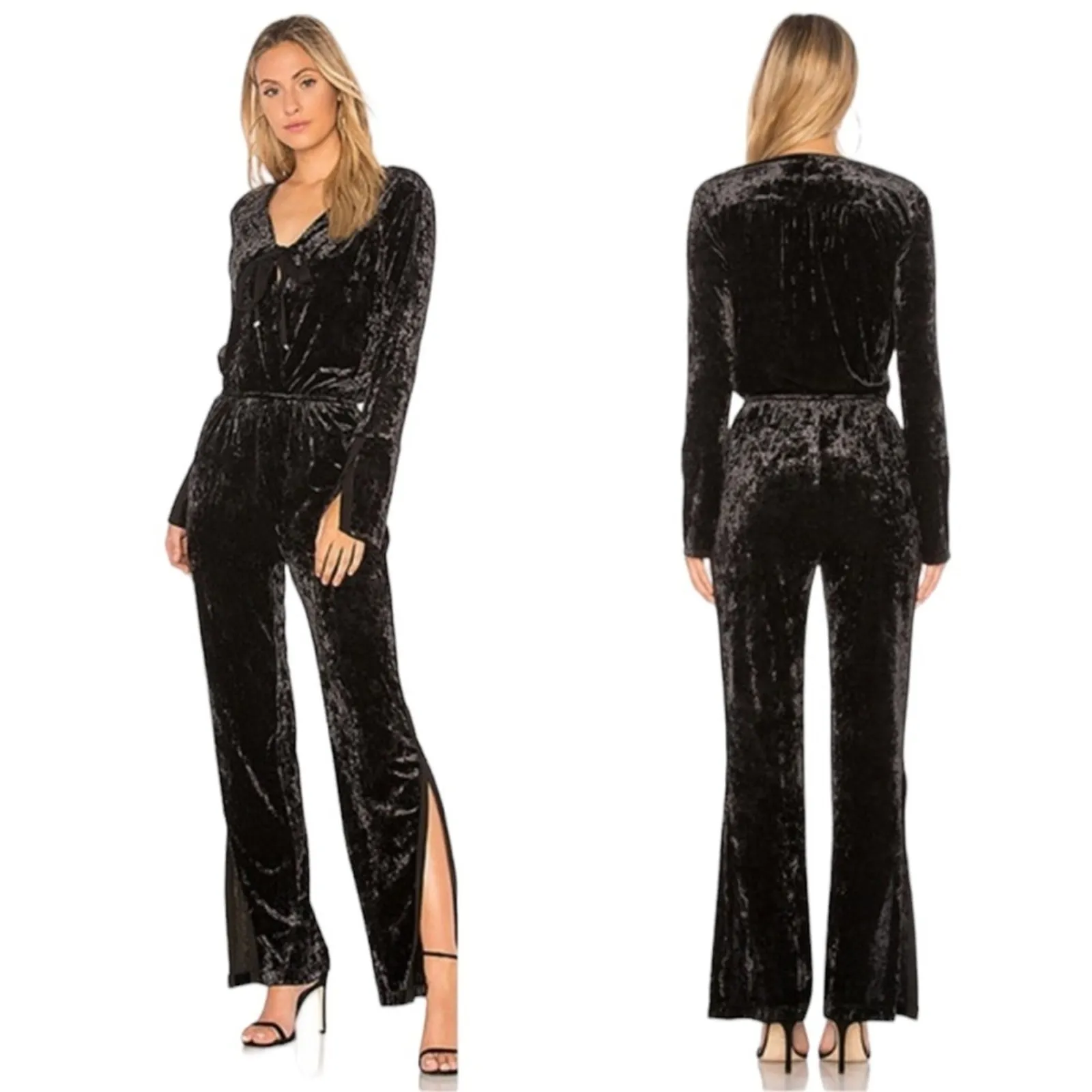 We are HAH NEW Large Black Crushed Velvet JUMP ON IT Flare Long Sleeve Jumpsuit - Image 2