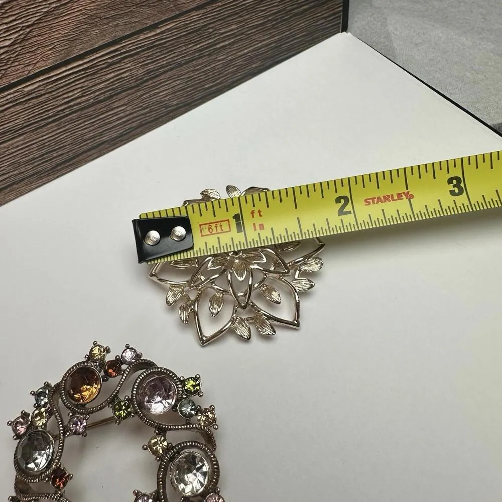 Monet Round Wreath / Sarah Coventry Flower Lot Of 2 Brooch Pin GoldTone Gold - Image 5