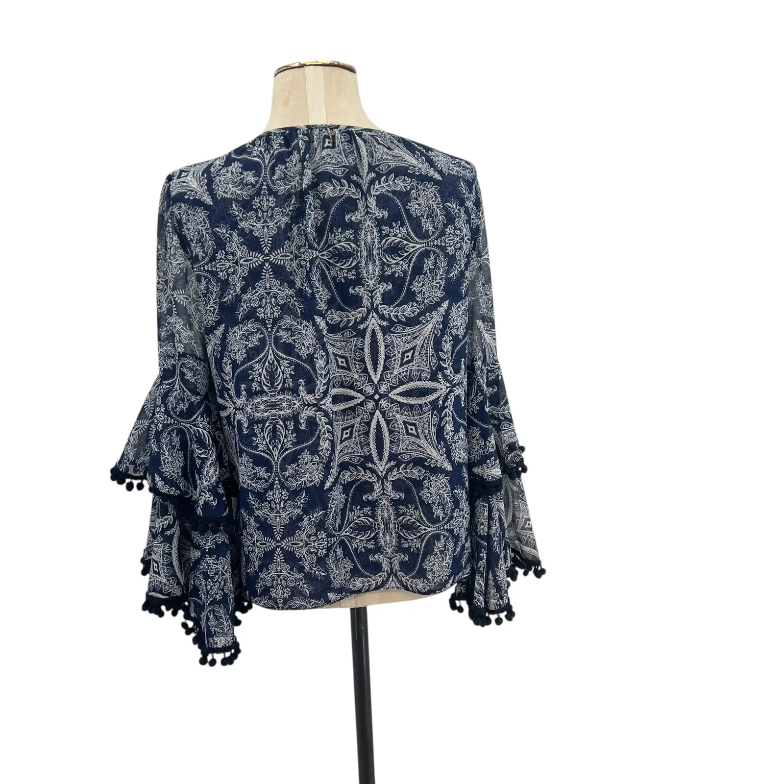 Misa Los Angeles Maya Bell-Sleeve Top Paisley Pom Trim Navy Blue Size XS - Image 9