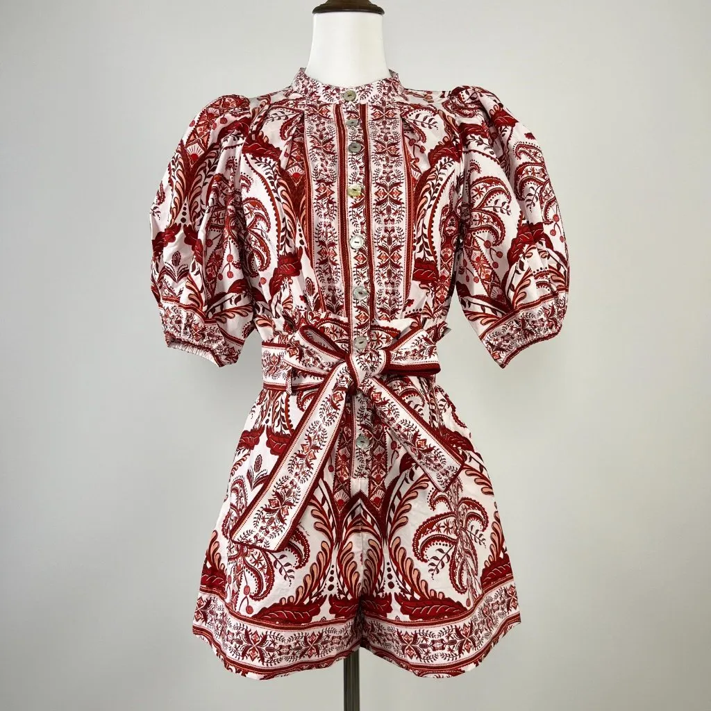 NWOT Farm Rio Tropical Cameo Belted Romper Size XS 100% Cotton Puff Sleeves - Image 5