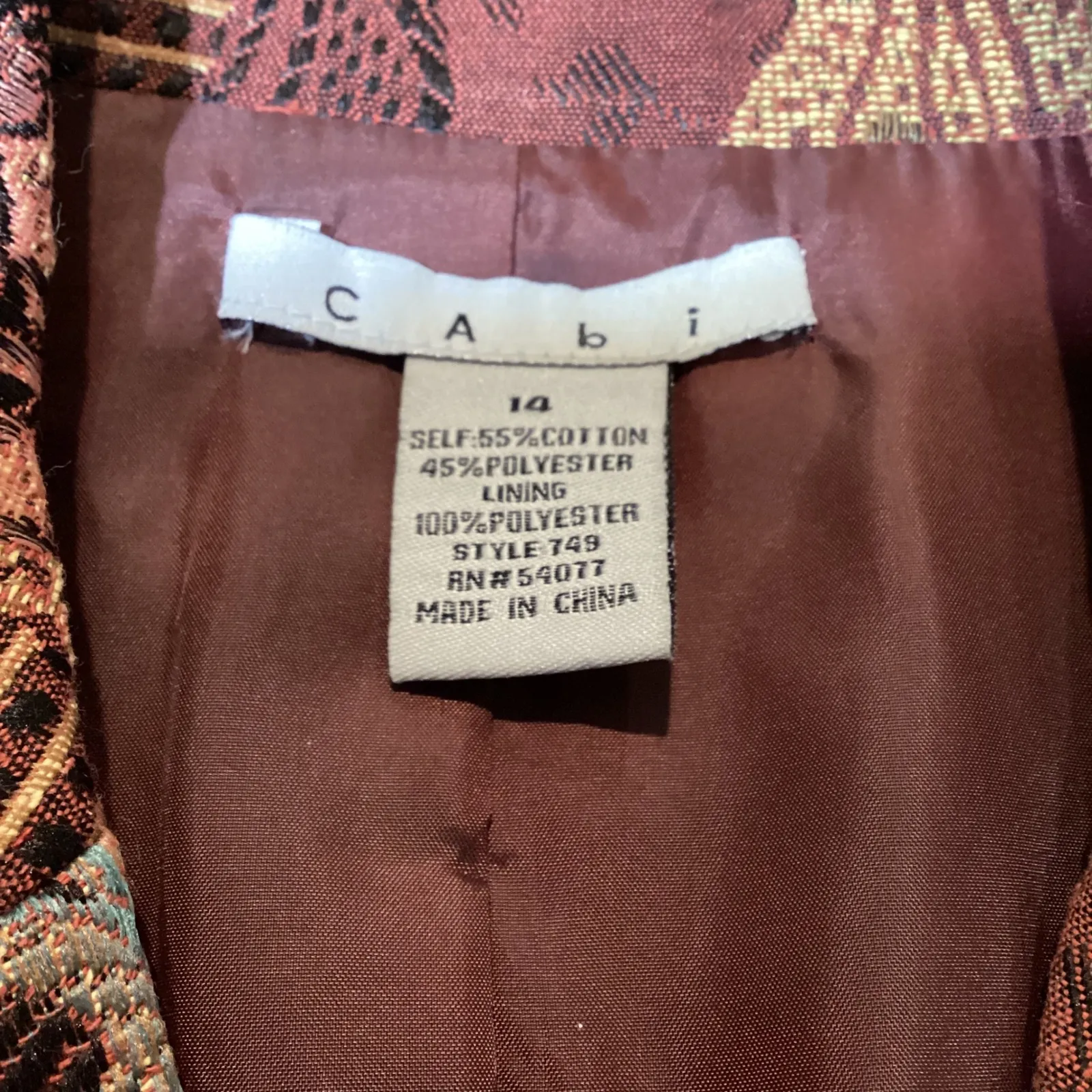 Cabi Womens Burgundy Floral Brocade Blazer Jacket Size 14 - Pre Owned - Image 2