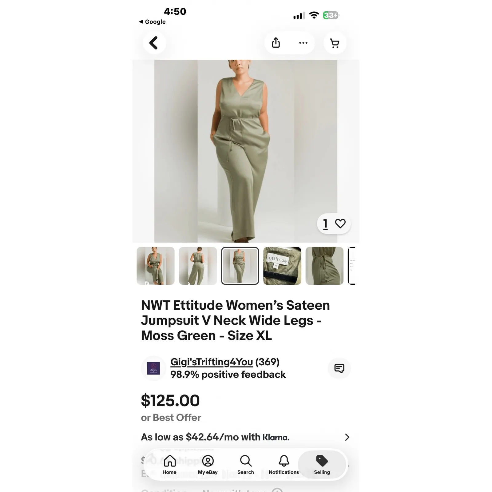 Ettitude Jumpsuit‎ Women XL Olive Green Sateen Bamboo Sleeveless Wide Leg NWOT - Image 9