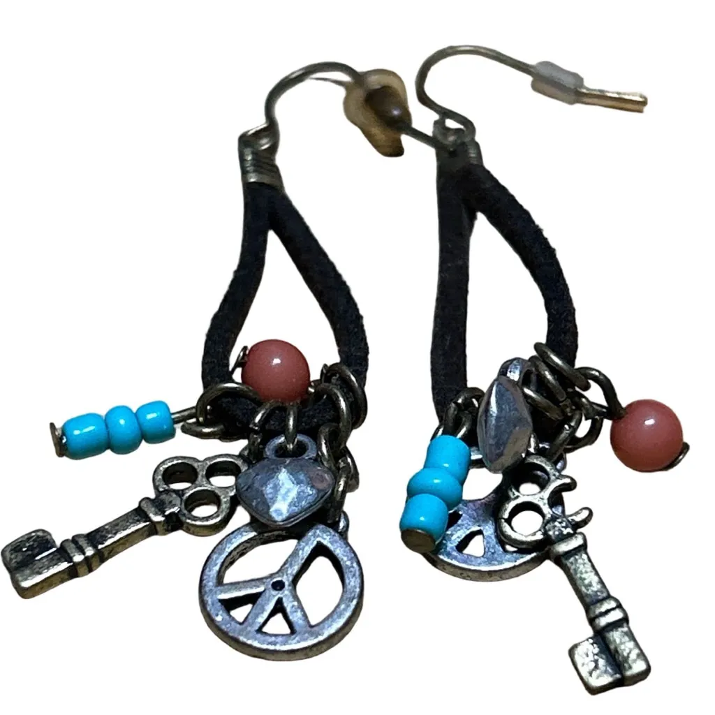 Women's Unbranded Black Silver Turquoise Coral Charm Dangle Earrings One Size - Image 2