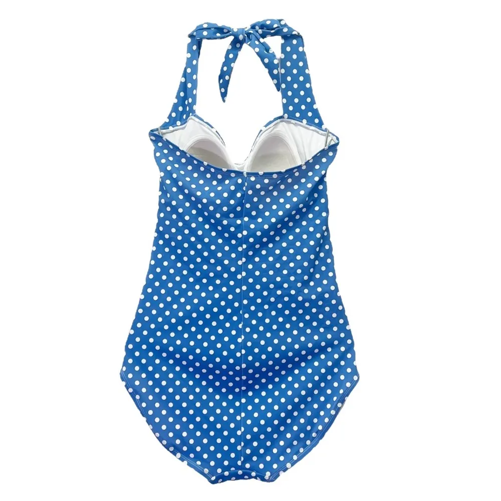 Ruby Ribbon Size 12 Blue White Polka Dot One Piece Swimsuit Halter Ruched Retro - Image 3