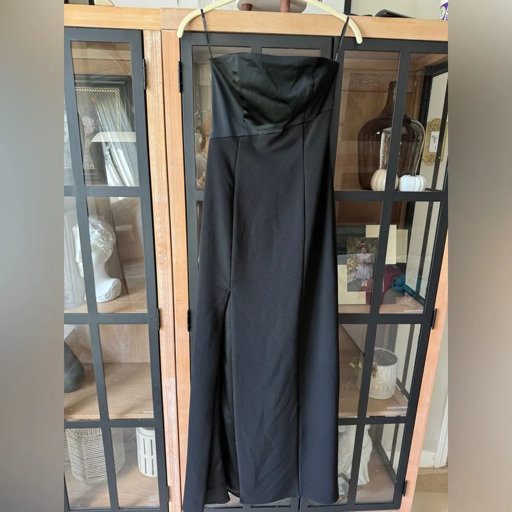 White Fox strapless maxi dress slit black tie formal silky satin asymmetrical - Image 9