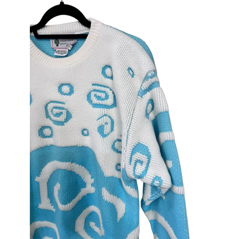Organically Grown Vintage Geometric Knit Pullover Sweater Size Small Men's Blue White - Image 4