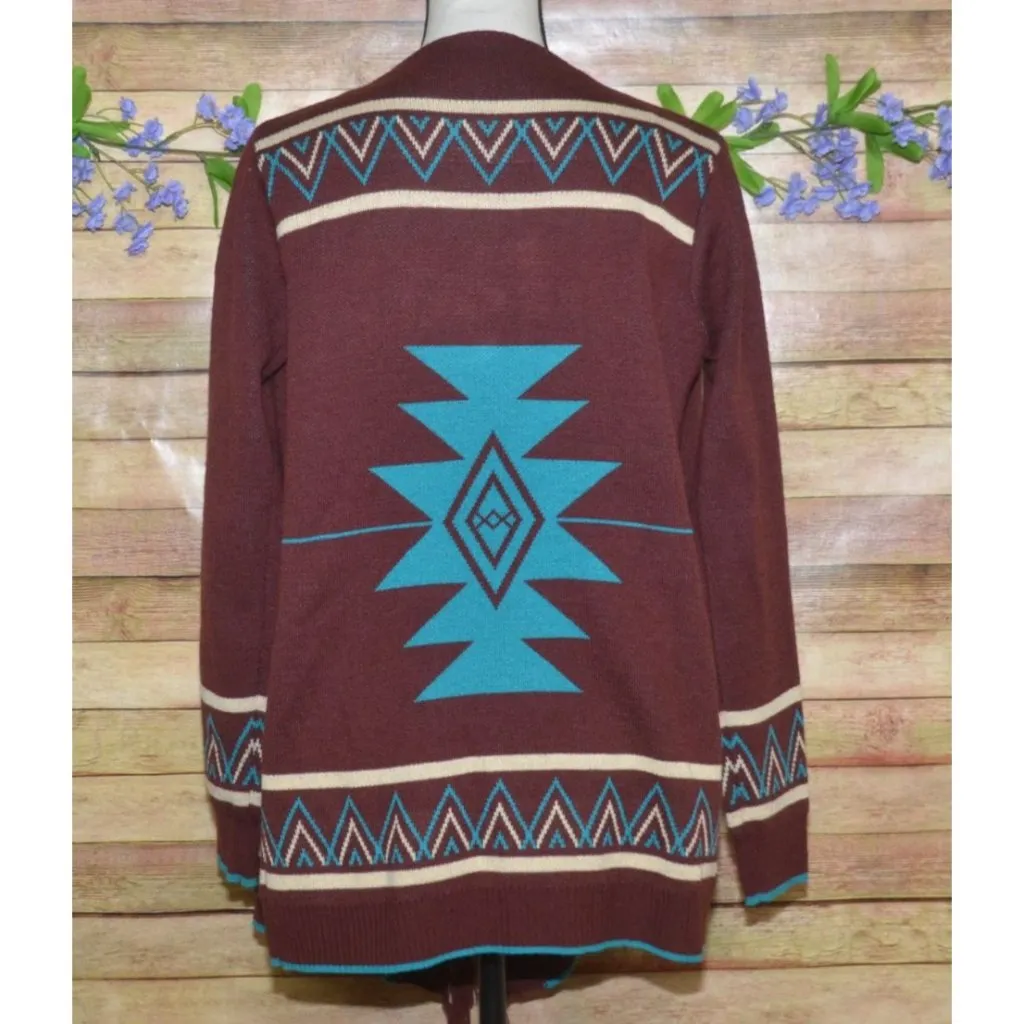 Giddy Up Glamour Cardigan Womens S Aztec Southwestern Open Front Fringe Fall - Image 9