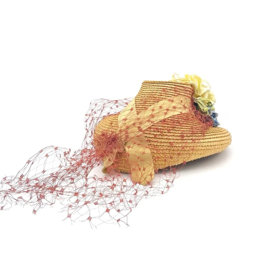 Vintage 1950s Straw Hat w/ Veil & Flowers Cream & Blue Millinery Fascinator Net - Image 9