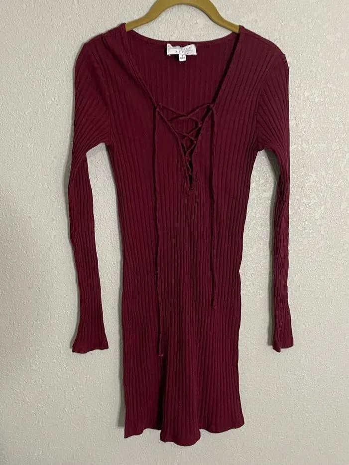 Kendall + Kylie Burgundy Ribbed Tie Neckline Bodycon Dress Small - Image 2