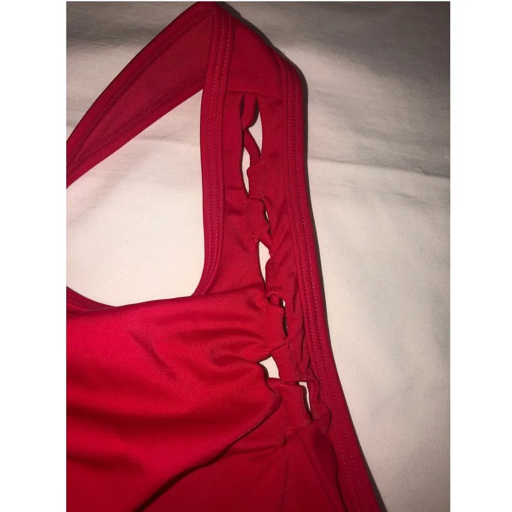 Athleta Tankini Swim Top Tomato Red Size 32D/DD Modest High Neck Woven Straps - Image 3