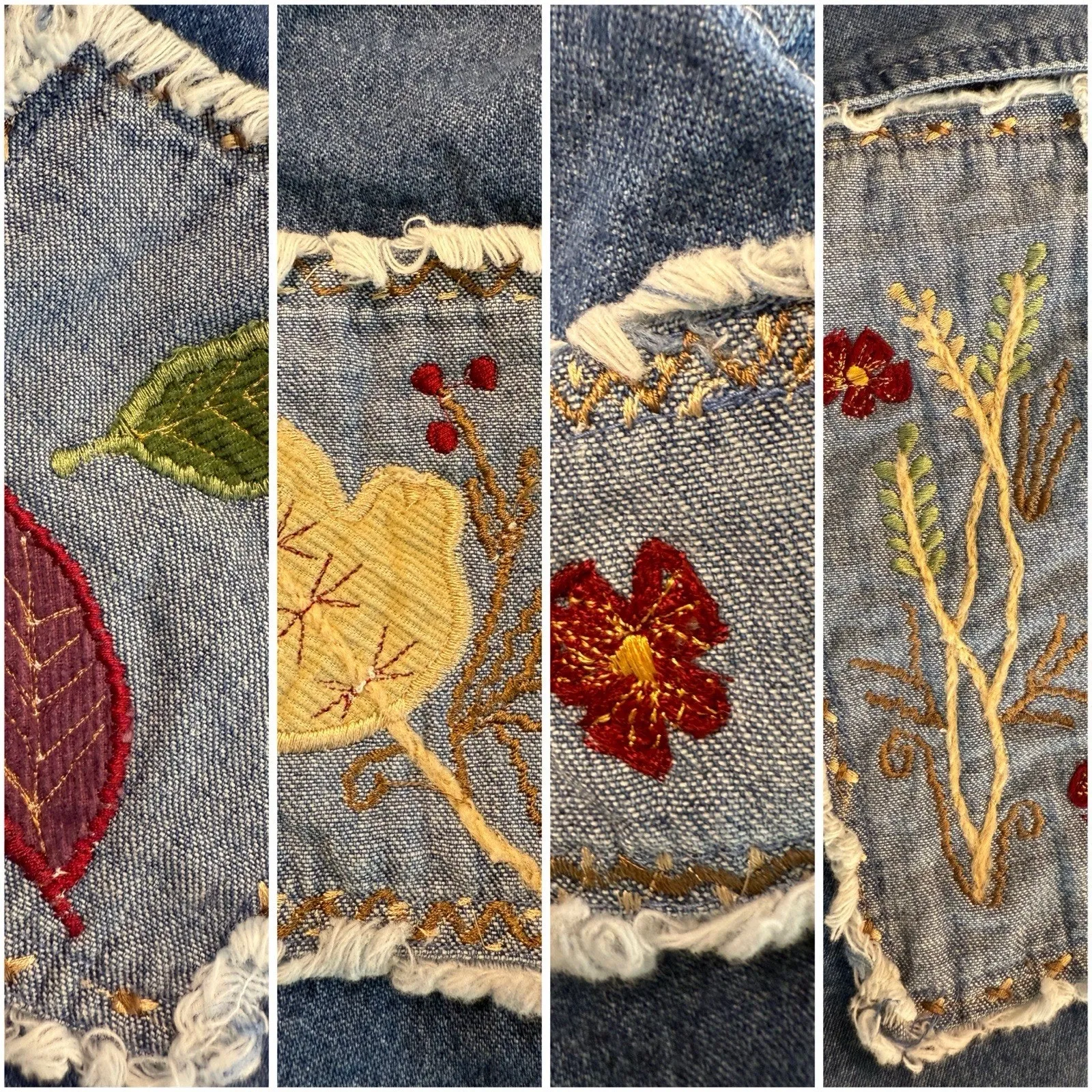 Y2K Boho Patchwork Denim Fall Jacket W/ Embroidered Leaf Motif Raw Hem Pockets M Blue Size M - Image 5
