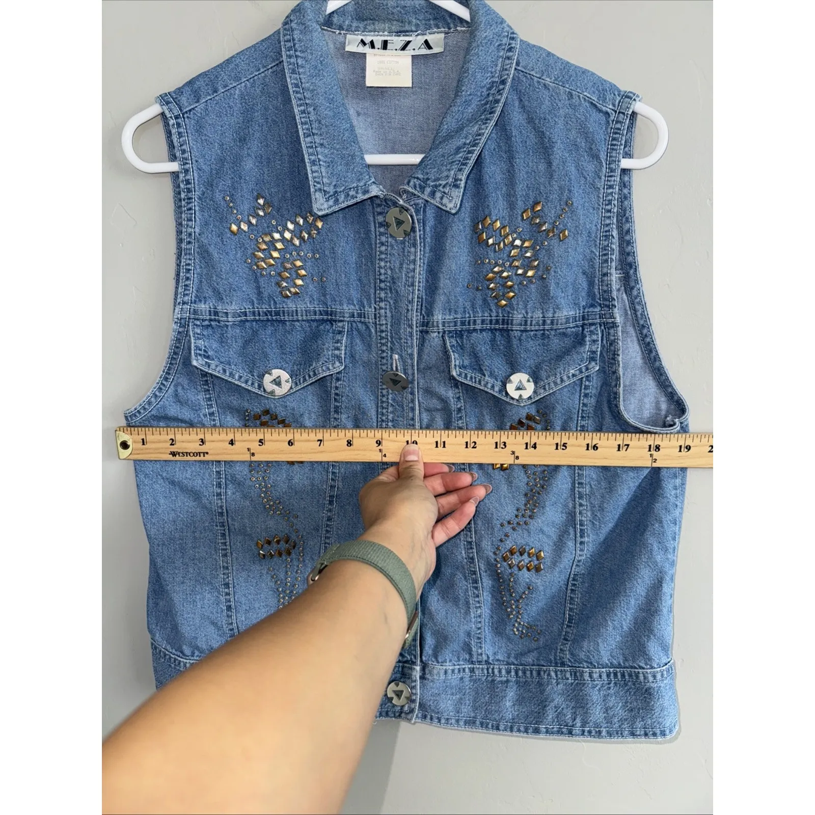 Vintage 90’s Denim Jean Western Vest Woman’s Sz S By M.E.Z.A Turquoise Beaded Blue - Image 7