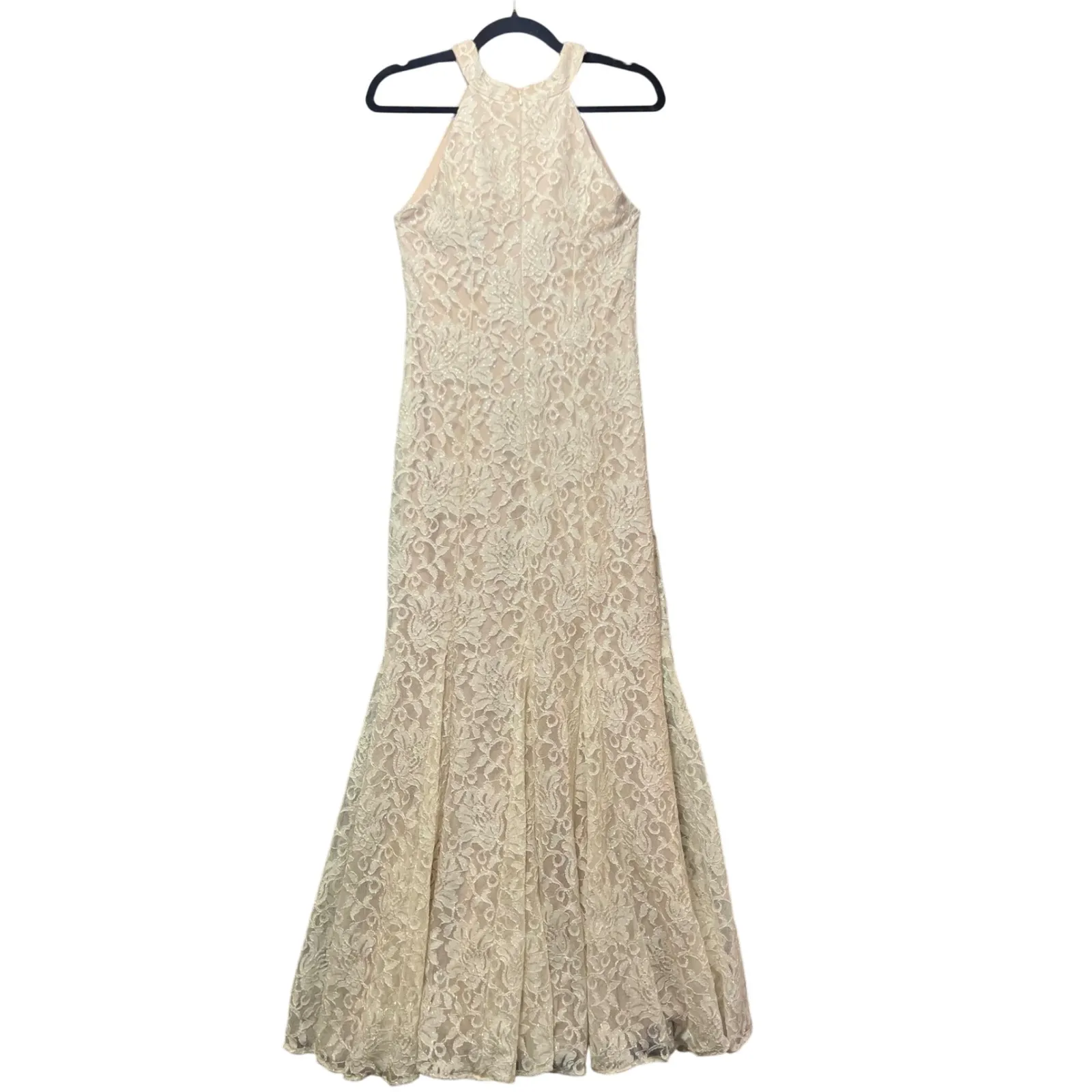 Nightway Glitter Lace Halter Keyhole Dress 4P‎ Evening Gown Mermaid Wedding Prom Tan - Image 7