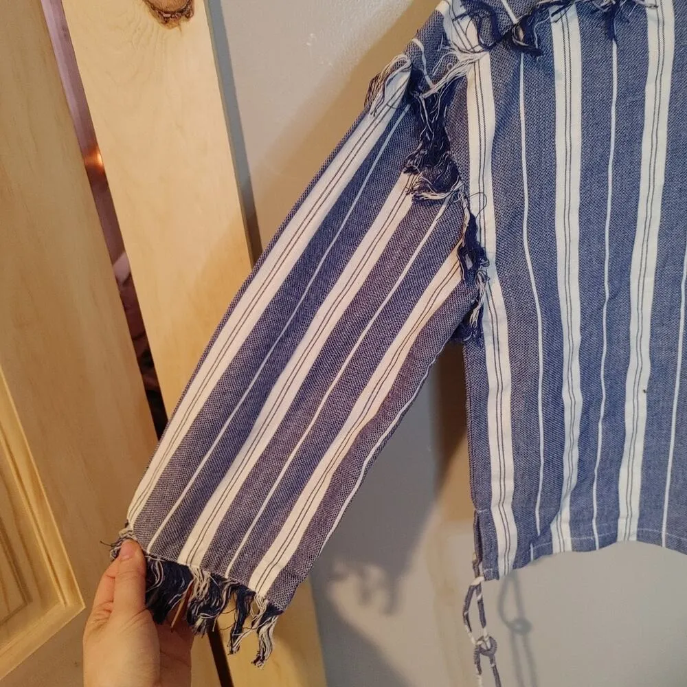 Tula Rosa Size Small S 100% Cotton Top Fringe Blue White Adjustable Waist Blouse - Image 8