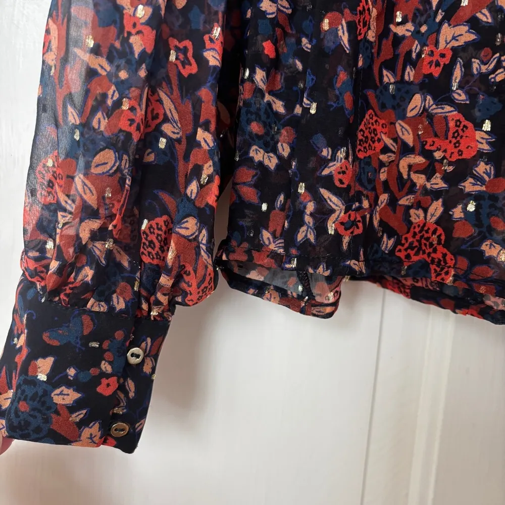 Ulla Johnson Silk Floral Long Sleeve Metallic Edith Blouse Size 2 Small Navy Top - Image 14