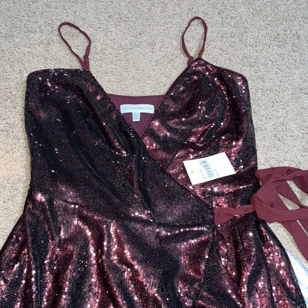 Dress The Population Ulla Sequin Wrap High Low Asymmetric Ruffle Dress‎ Port S - Image 5