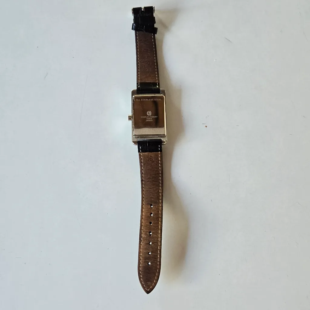 Charles Hubert Paris Ladies Rectangular Black Leather Band Watch - Image 3
