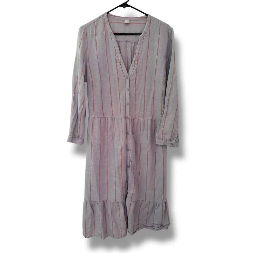 Old Navy sz L Womens Blue Linen Cotton Striped Tiered Button Midi Dress Nautical - Image 2