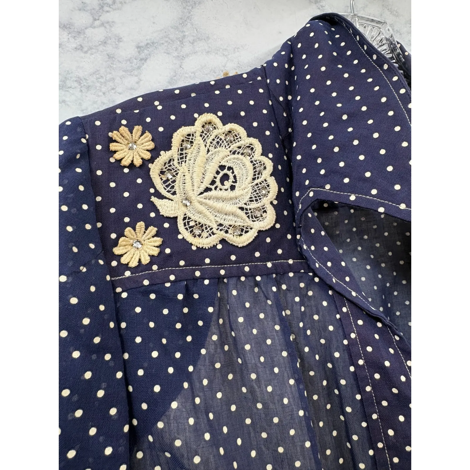 Vintage 70s Women's Navy Polka Dot Maxi Dress and Bolero Set Floral Embroidery M Blue Size M - Image 10