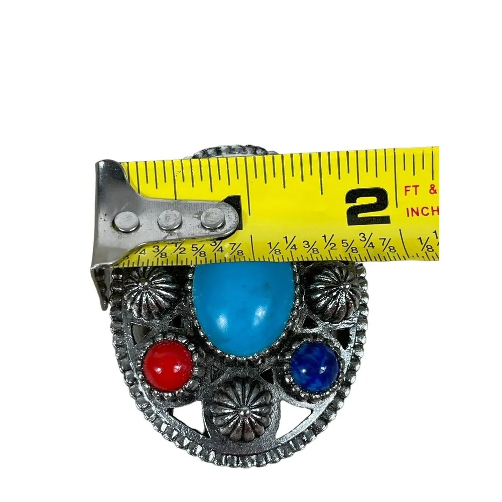 VTG Southwest Look Silver Toned Faux Turquoise Coral Red Blue Stoned Brooch Pin - Image 3