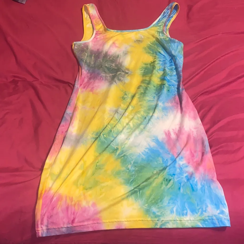 Amazon Light Colors Tie Dye Yellow, Pink & Blue Evening Mini Dress - Image 2