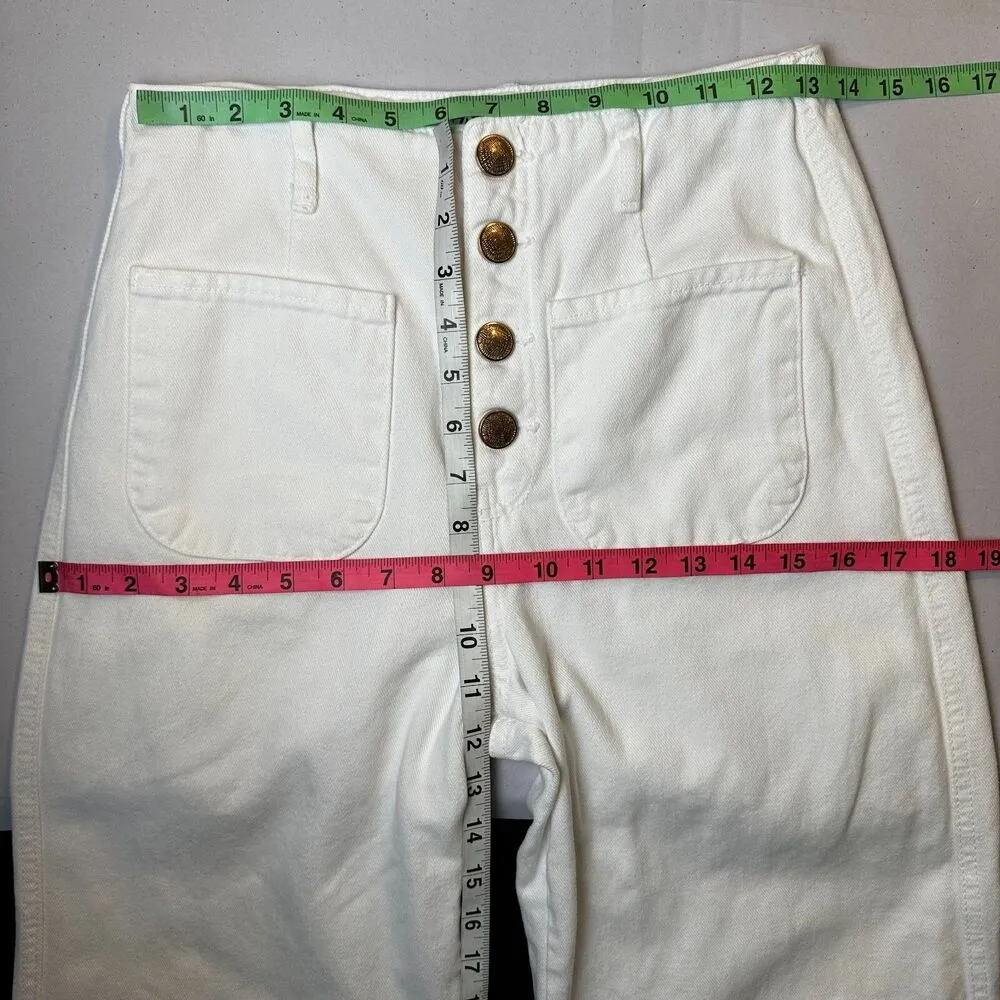 Zara Sailor Gold Button Wide Leg Embroidered Cropped White Patch Pocket Jeans 6 - Image 5