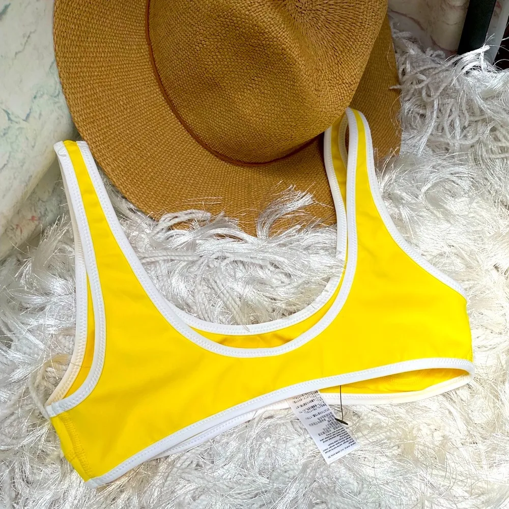 New Women’s Top Shop Yellow White Contrast Trim Crop 2 Piece Bikini Bathing Suit - Image 4